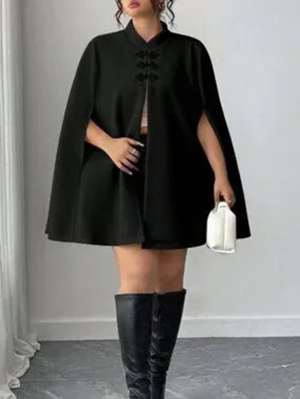 Black Elegant Women's Slim Fit Mandarin Collar Cloak Cape